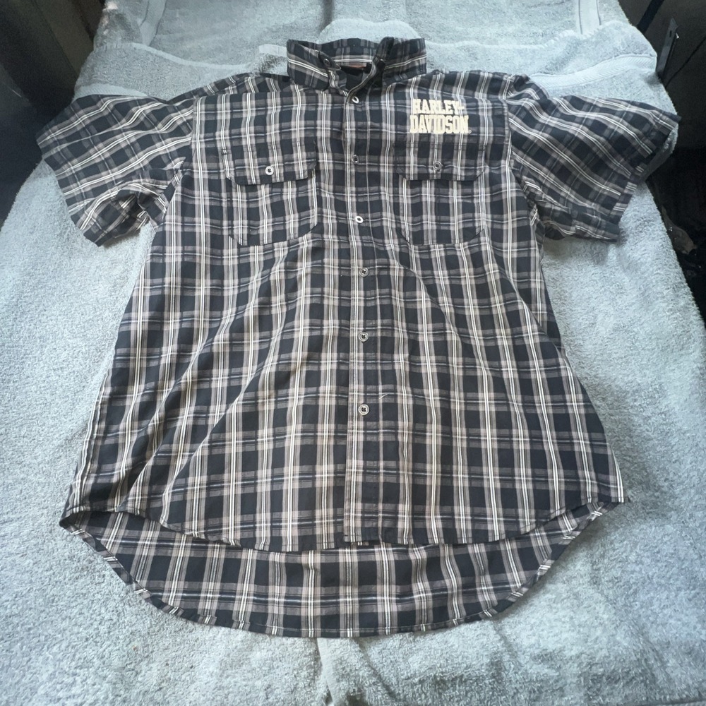 Harley-Davidson Mens Size 2XL Performance Vented Short Sleeve Black Tan Plaid